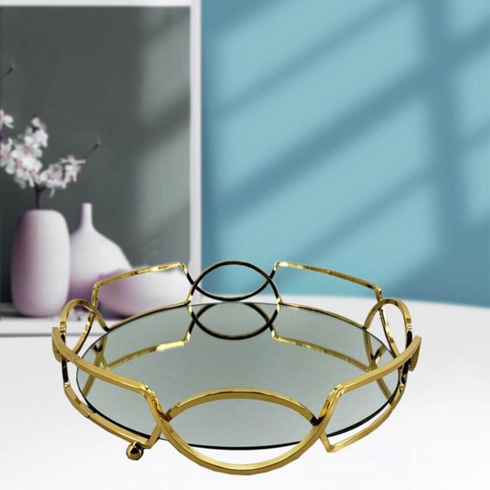 ROYALSTUFFS 12" Antique Brass Glass Tray with Mirror Top metal, gold colour - Royalstuffs.com