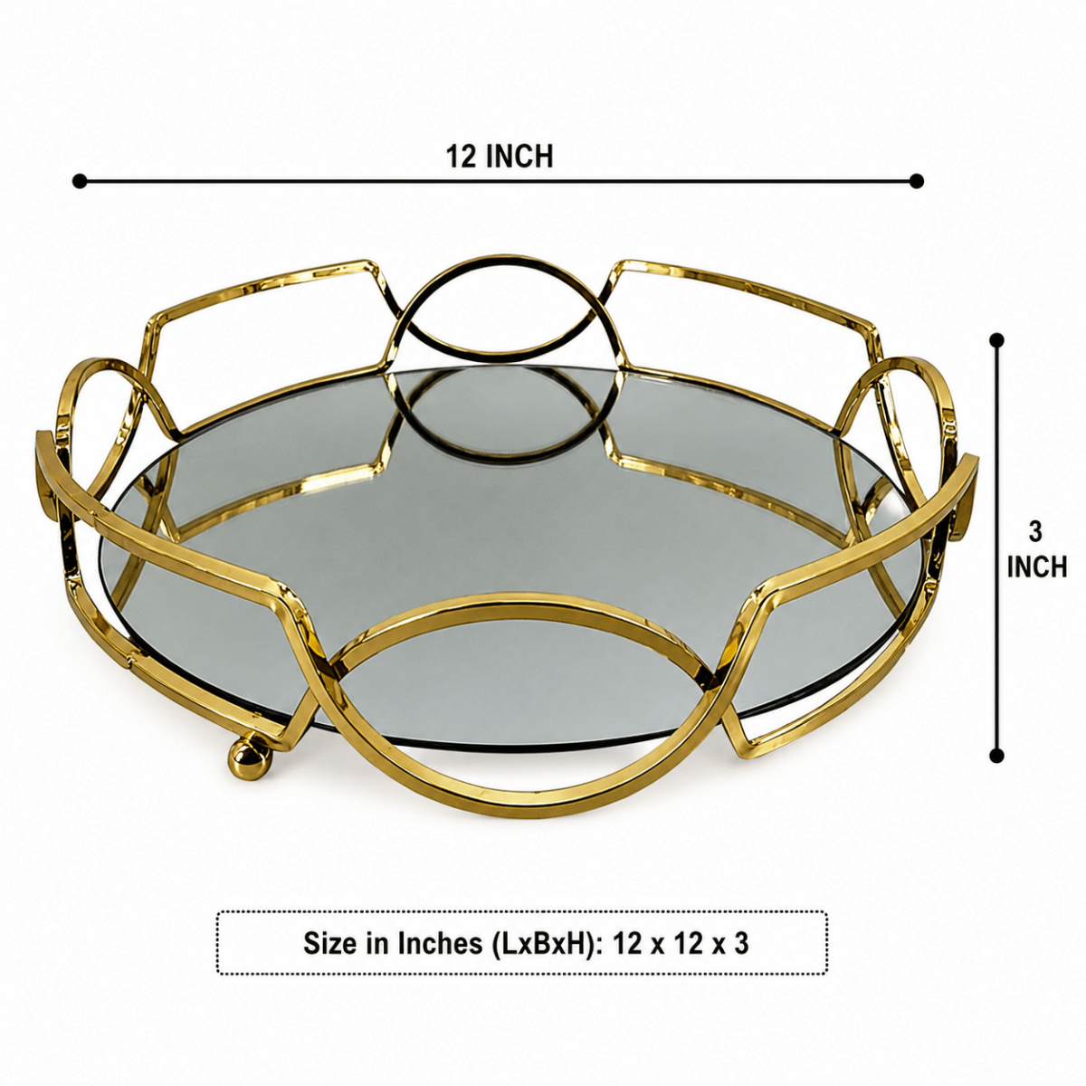 ROYALSTUFFS 12" Antique Brass Glass Tray with Mirror Top metal, gold colour - Royalstuffs.com