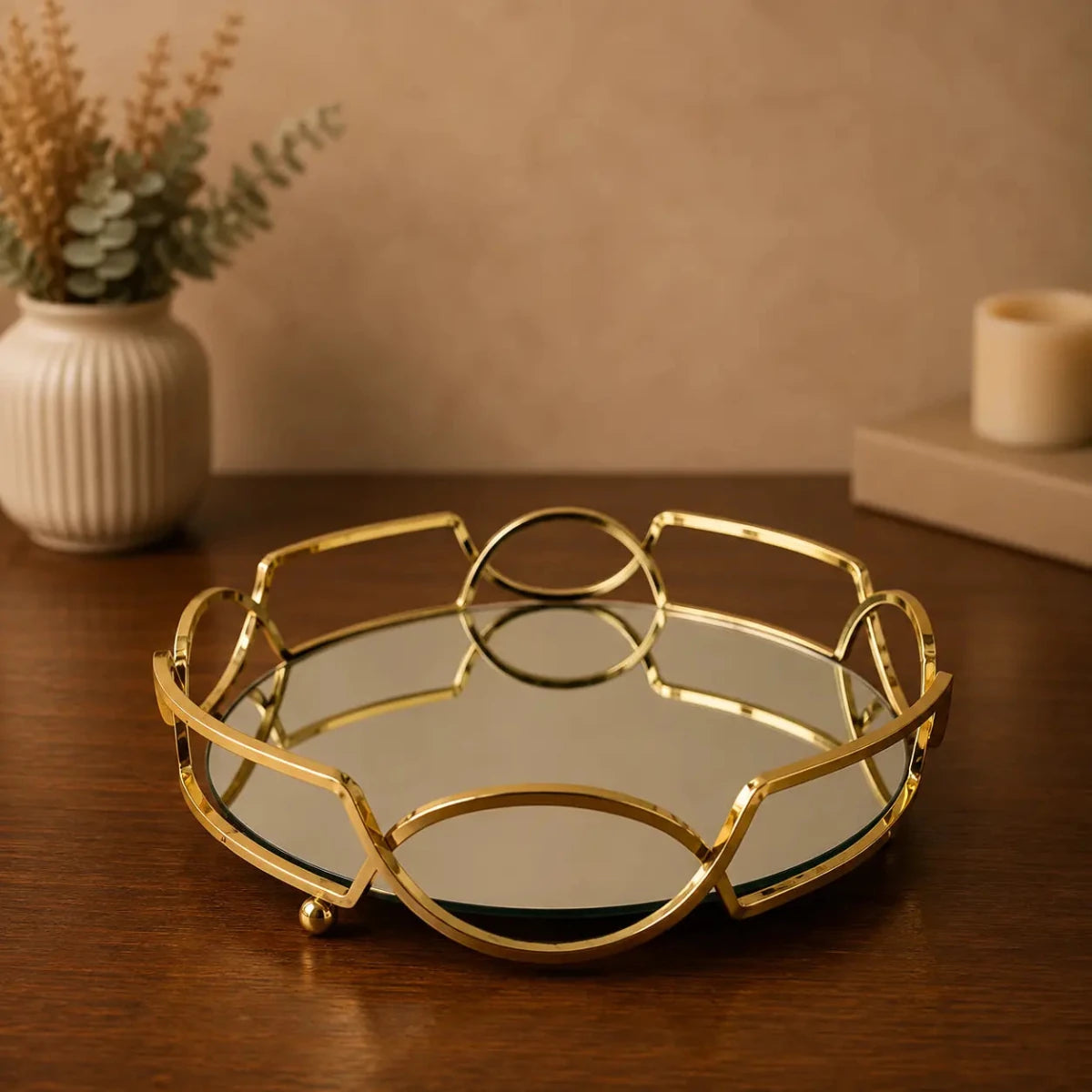 ROYALSTUFFS 12" Antique Brass Glass Tray with Mirror Top metal, gold colour - Royalstuffs.com