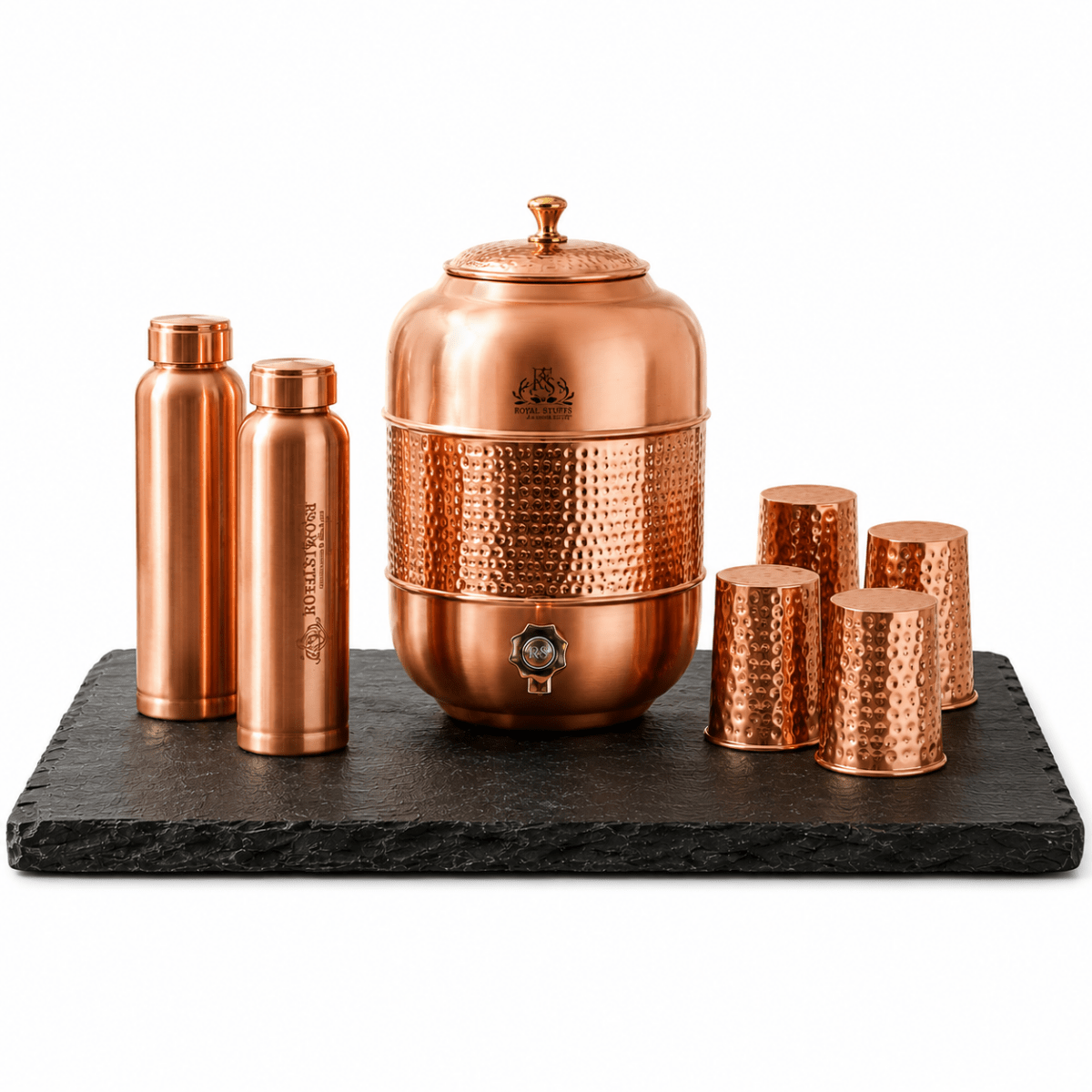 ROYALSTUFFS 12 Liters Pure Copper Drinkware Water Dispenser Hammered Finish- Ayurveda Health Healing Water Container Tank with 4 Matching Tumbler Glasses and 2 Copper Bottle - Royalstuffs.com