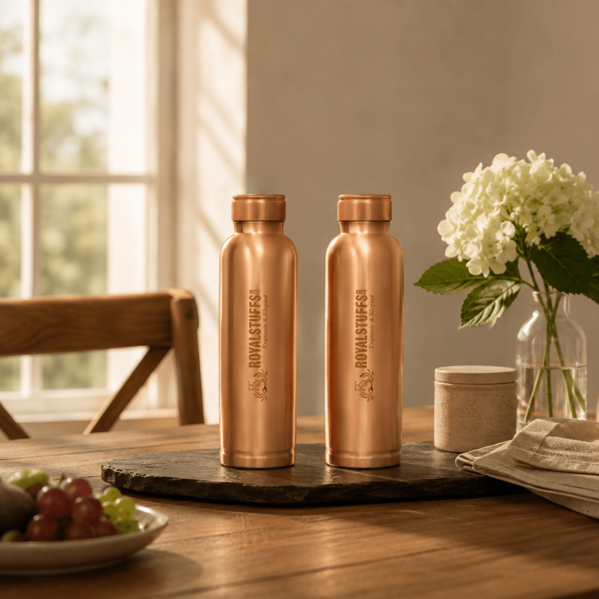 ROYALSTUFFS 12 Liters Pure Copper Drinkware Water Dispenser Hammered Finish- Ayurveda Health Healing Water Container Tank with 4 Matching Tumbler Glasses and 2 Copper Bottle - Royalstuffs.com