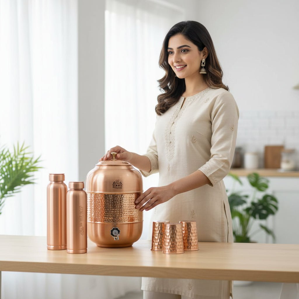 ROYALSTUFFS 12 Liters Pure Copper Drinkware Water Dispenser Hammered Finish- Ayurveda Health Healing Water Container Tank with 4 Matching Tumbler Glasses and 2 Copper Bottle - Royalstuffs.com