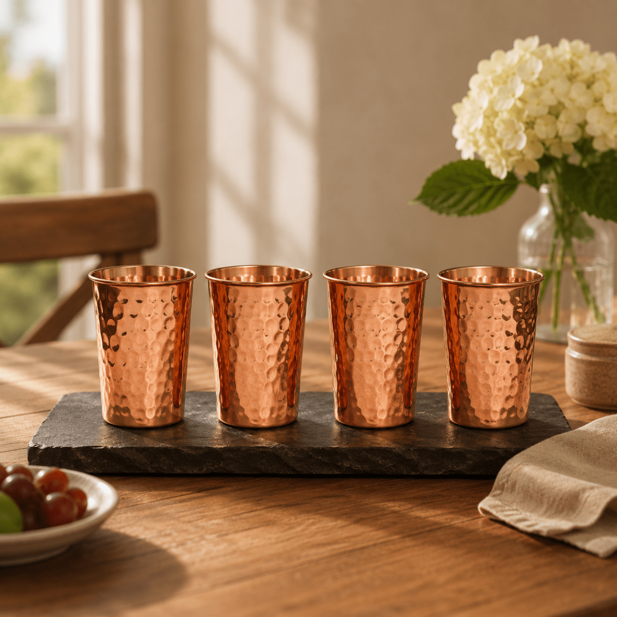 ROYALSTUFFS 12 Liters Pure Copper Drinkware Water Dispenser Hammered Finish- Ayurveda Health Healing Water Container Tank with 4 Matching Tumbler Glasses and 2 Copper Bottle - Royalstuffs.com
