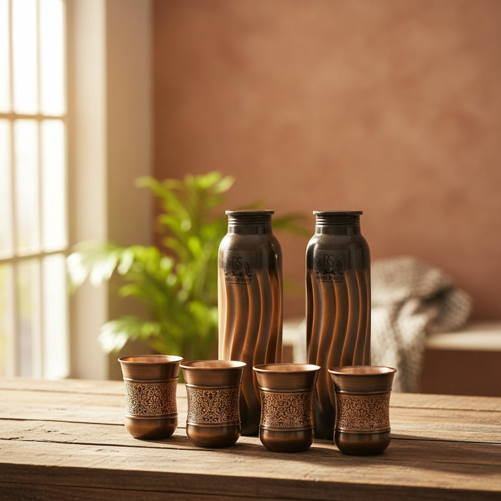 ROYALSTUFFS 2 Copper Lehar Water Bottle 1 Liter Extra Large with 4 Tumblers - Helps to Drink More Water, Enjoy The Health Benefits - 2 Tamba Bottle With 4 Antique Copper Glasses - Royalstuffs.com