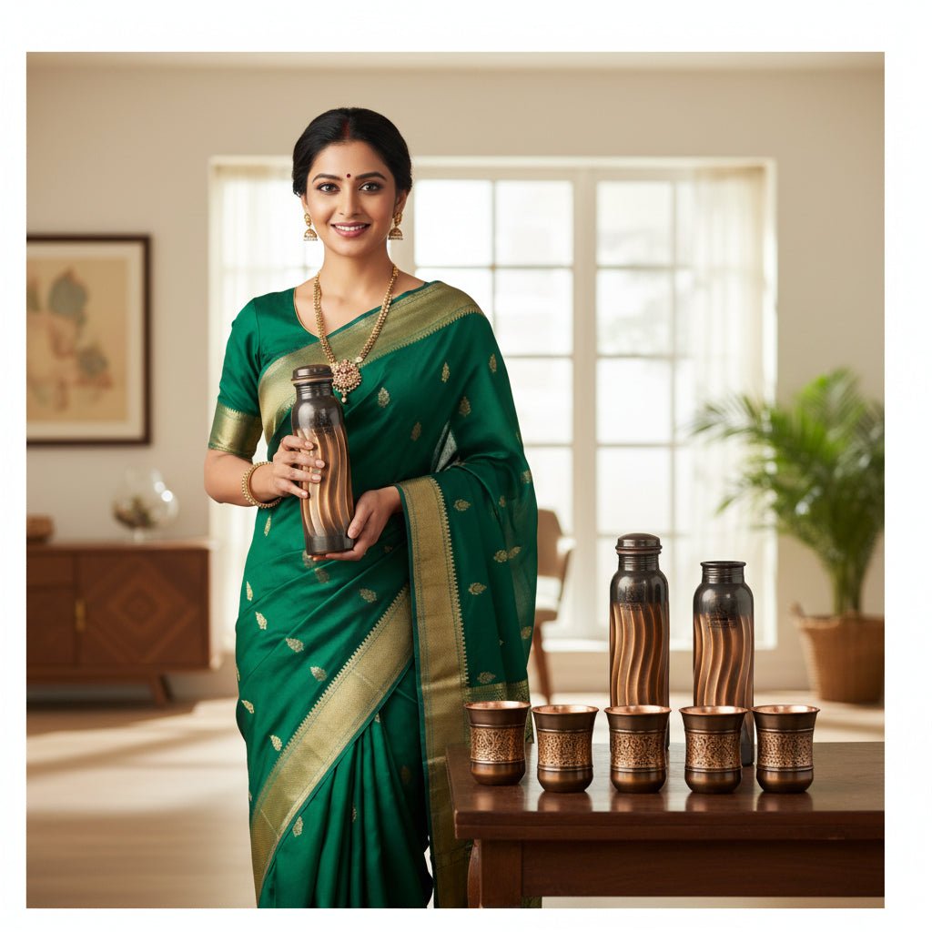 ROYALSTUFFS 2 Copper Lehar Water Bottle 1 Liter Extra Large with 4 Tumblers - Helps to Drink More Water, Enjoy The Health Benefits - 2 Tamba Bottle With 4 Antique Copper Glasses - Royalstuffs.com