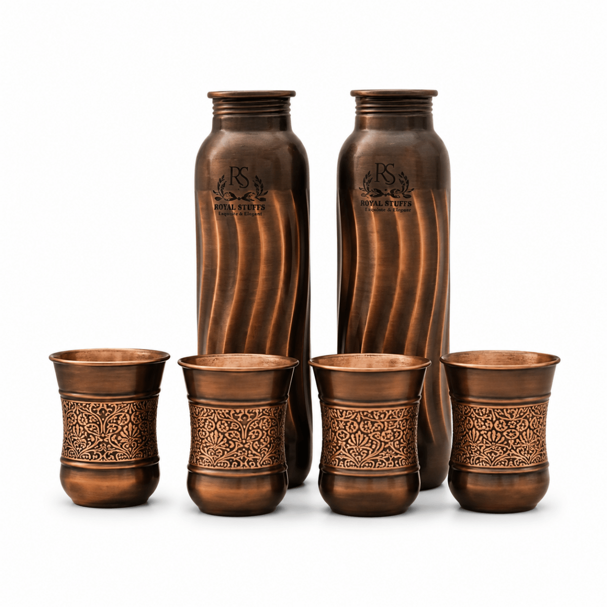 ROYALSTUFFS 2 Copper Lehar Water Bottle 1 Liter Extra Large with 4 Tumblers - Helps to Drink More Water, Enjoy The Health Benefits - 2 Tamba Bottle With 4 Antique Copper Glasses - Royalstuffs.com