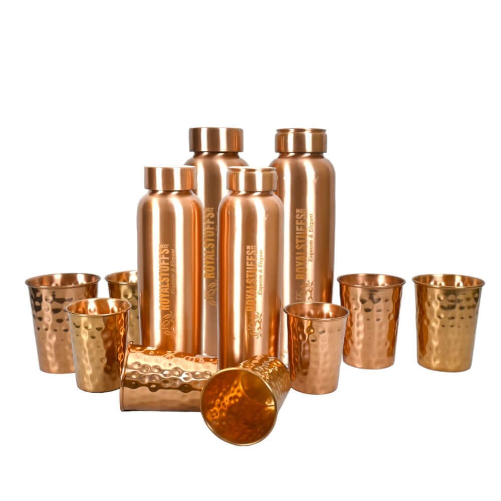 ROYALSTUFFS 4 Copper Water Bottle 900 ML with 8 Copper Tumbler Glass Drinking Water Bottle Glass Set For Health Benefits 250 ML - Royalstuffs.com
