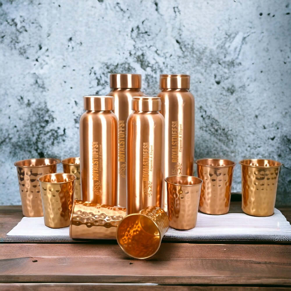 ROYALSTUFFS 4 Copper Water Bottle 900 ML with 8 Copper Tumbler Glass Drinking Water Bottle Glass Set For Health Benefits 250 ML - Royalstuffs.com
