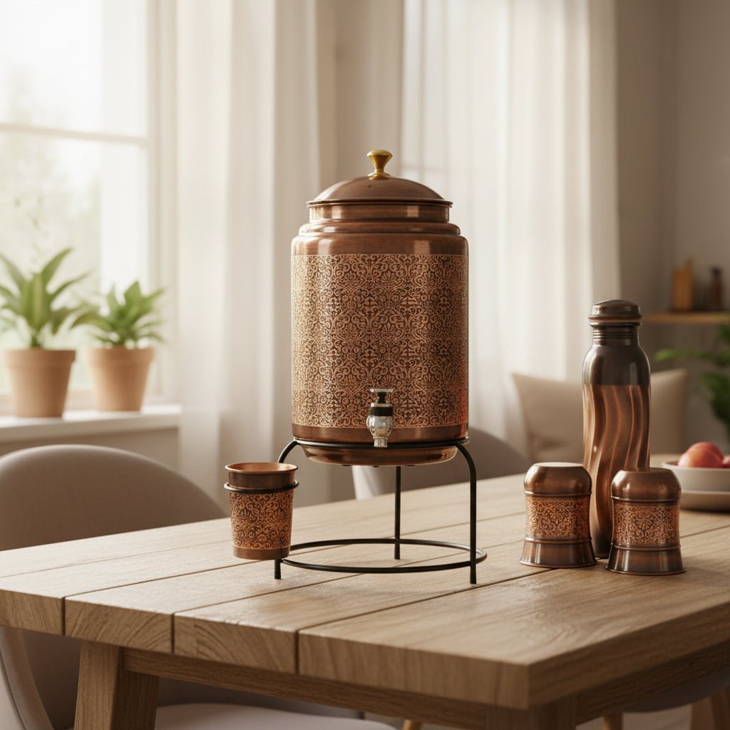 ROYALSTUFFS 8 Liter Copper Embossed Black Water Dispenser Tank + 3 Glass & Stand with 1000 Ml Copper Bottle Handmade Copper Container | Anniversary, Birthday, Wedding Etc. - Royalstuffs.com