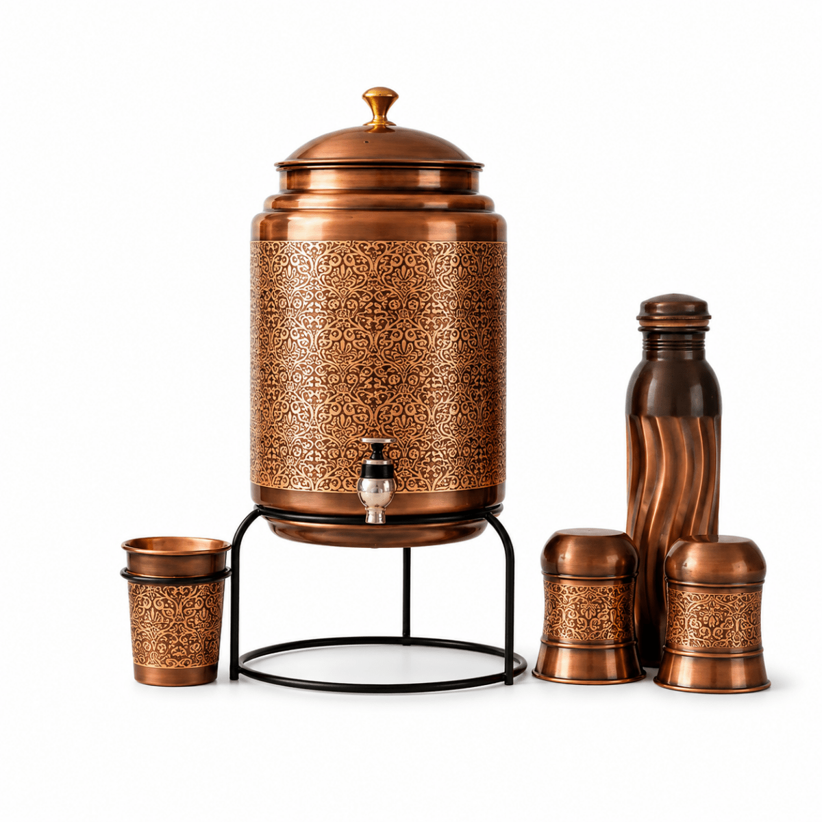 ROYALSTUFFS 8 Liter Copper Embossed Black Water Dispenser Tank + 3 Glass & Stand with 1000 Ml Copper Bottle Handmade Copper Container | Anniversary, Birthday, Wedding Etc. - Royalstuffs.com