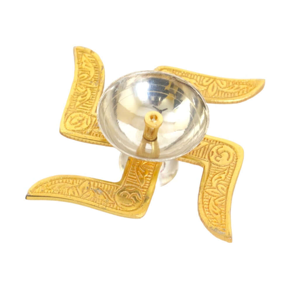ROYALSTUFFS Akhand Brass Diya - Swastik Design with Red Velvet Box ( Length 4 Inch) - Royalstuffs.com