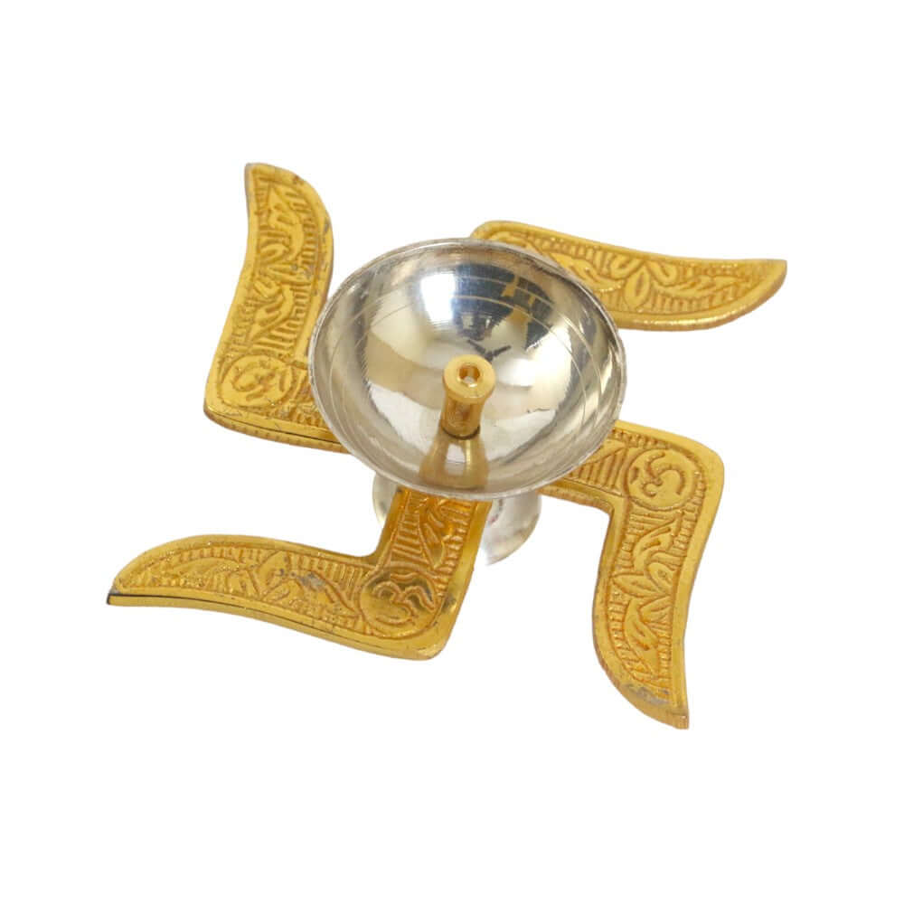 ROYALSTUFFS Akhand Brass Diya - Swastik Design with Red Velvet Box ( Length 4 Inch) - Royalstuffs.com