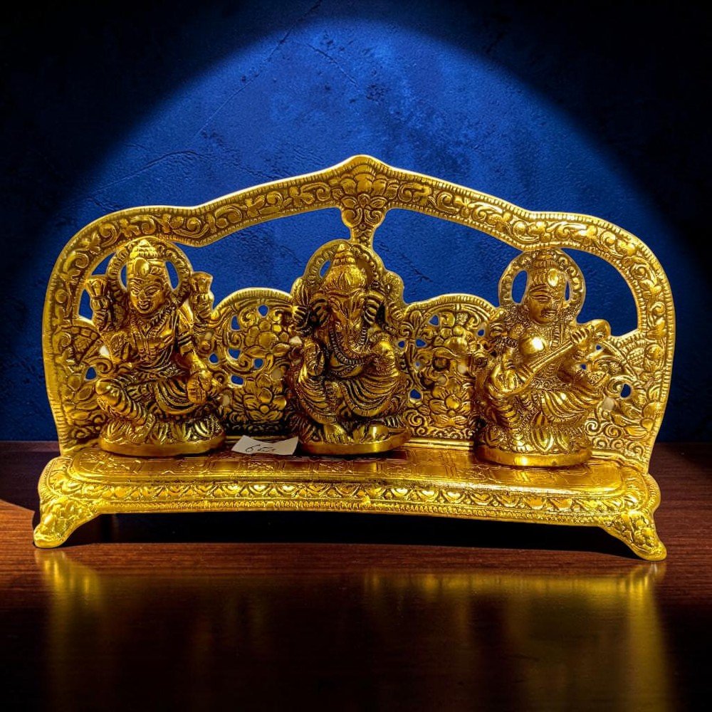 RoyalStuffs Aluminum Golden Laxmi Ganesh Saraswati Idol with Frame - Royalstuffs.com