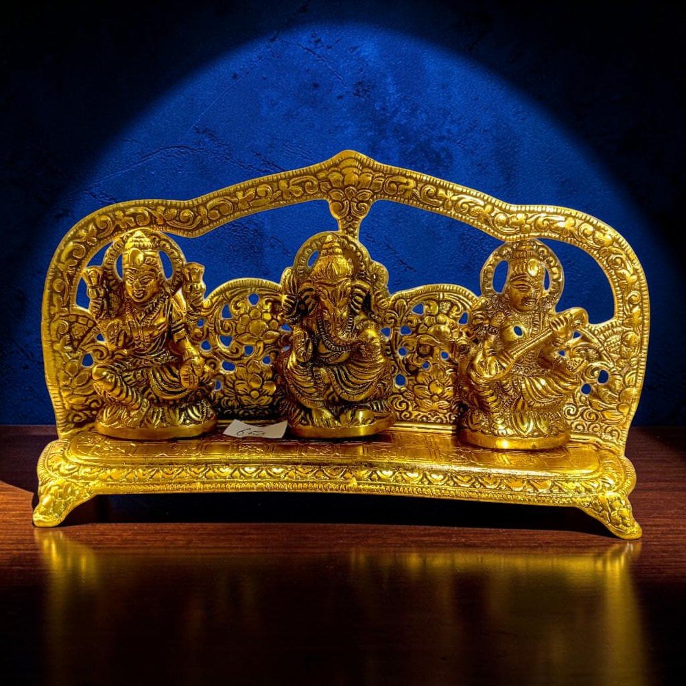 RoyalStuffs Aluminum Golden Laxmi Ganesh Saraswati Idol with Frame - Royalstuffs.com