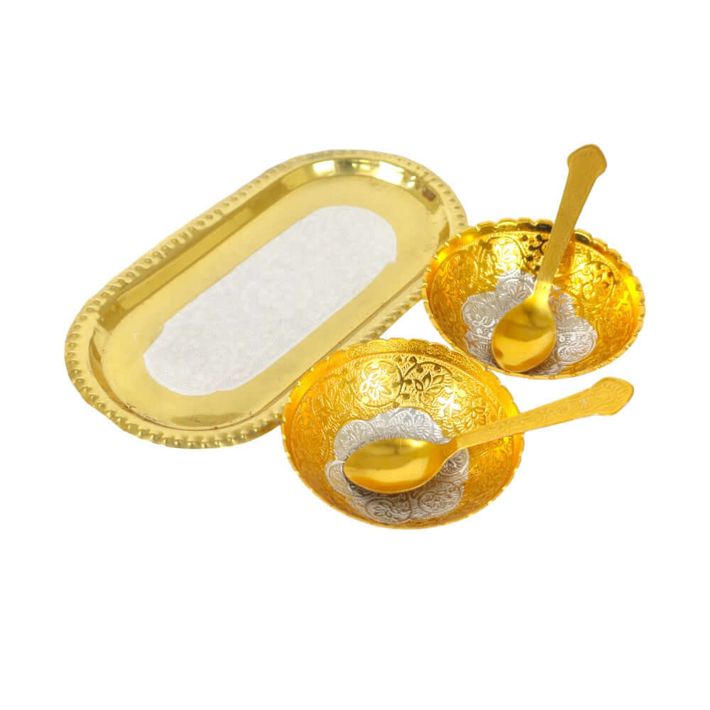 ROYALSTUFFS Best Quality Brass With Silver Plating & Gold Polished 2 Bowl, 2 Spoon & 1 Tray Set With Red Velvet Gift Box - Royalstuffs.com