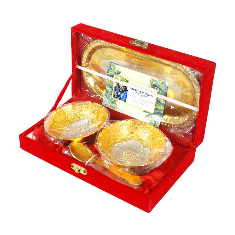 ROYALSTUFFS Best Quality Brass With Silver Plating & Gold Polished 2 Bowl, 2 Spoon & 1 Tray Set With Red Velvet Gift Box - Royalstuffs.com