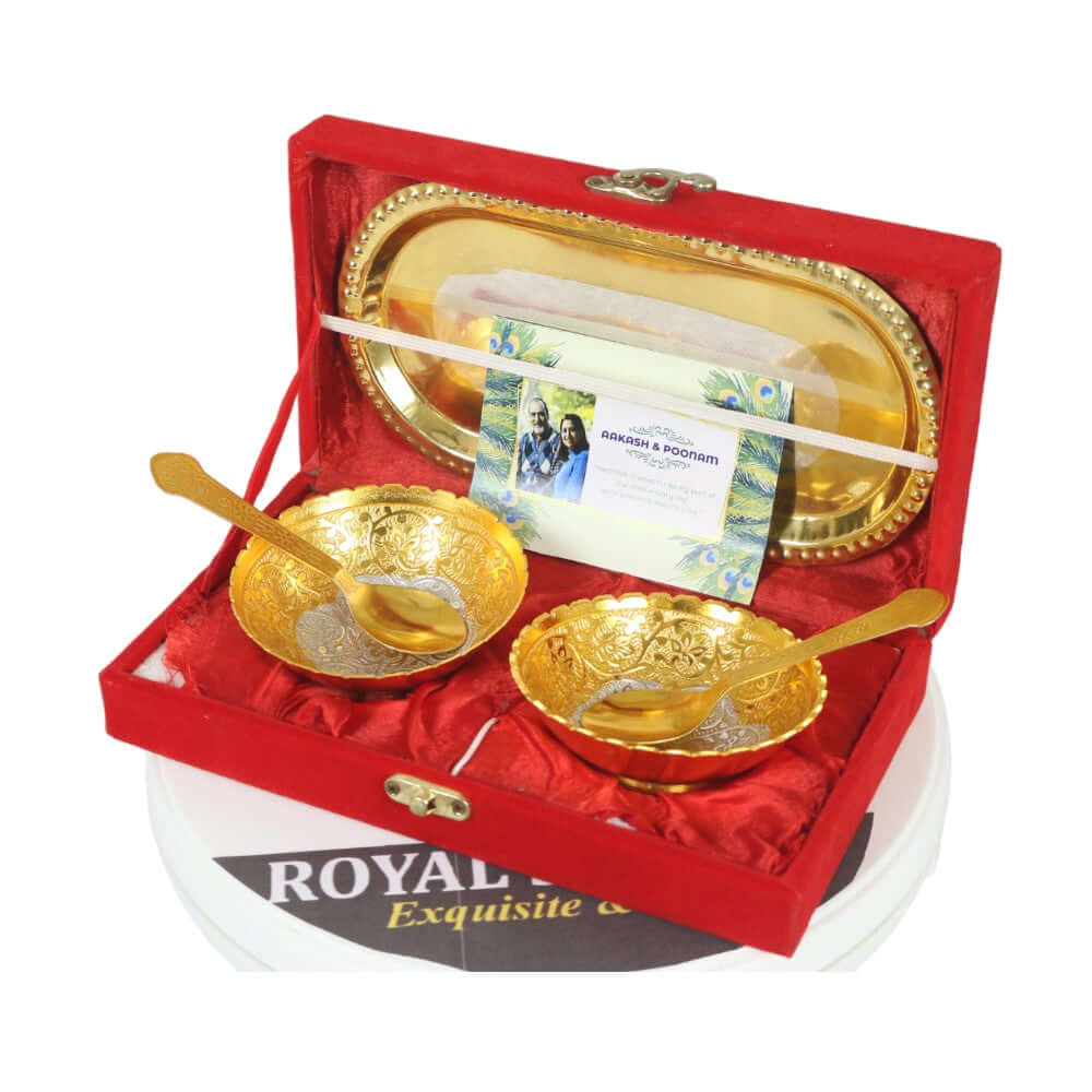 ROYALSTUFFS Best Quality Brass With Silver Plating & Gold Polished 2 Bowl, 2 Spoon & 1 Tray Set With Red Velvet Gift Box - Royalstuffs.com