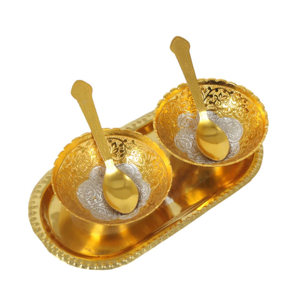 ROYALSTUFFS Best Quality Brass With Silver Plating & Gold Polished 2 Bowl, 2 Spoon & 1 Tray Set With Red Velvet Gift Box - Royalstuffs.com