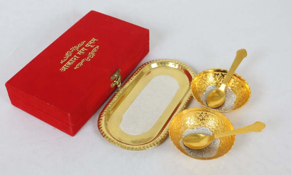 ROYALSTUFFS Best Quality Brass With Silver Plating & Gold Polished 2 Bowl, 2 Spoon & 1 Tray Set With Red Velvet Gift Box - Royalstuffs.com