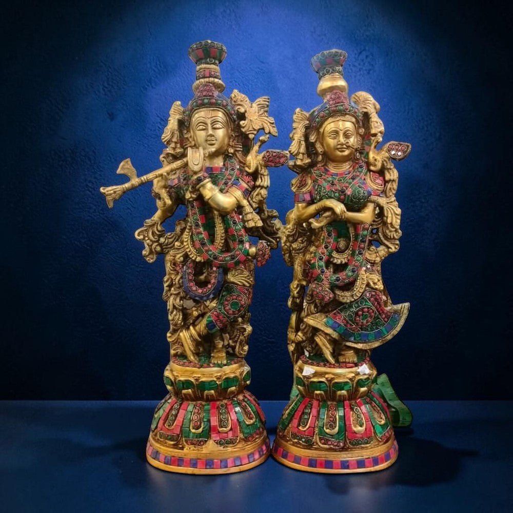 ROYALSTUFFS Brass Big Radha Krishna Idol/Multicolour Stone Work Showpiece/Standing on Flower Base Radhe Krishna Murti/for Home Office Temple/Standard Idol ( 17.8 Kg) - Royalstuffs.com