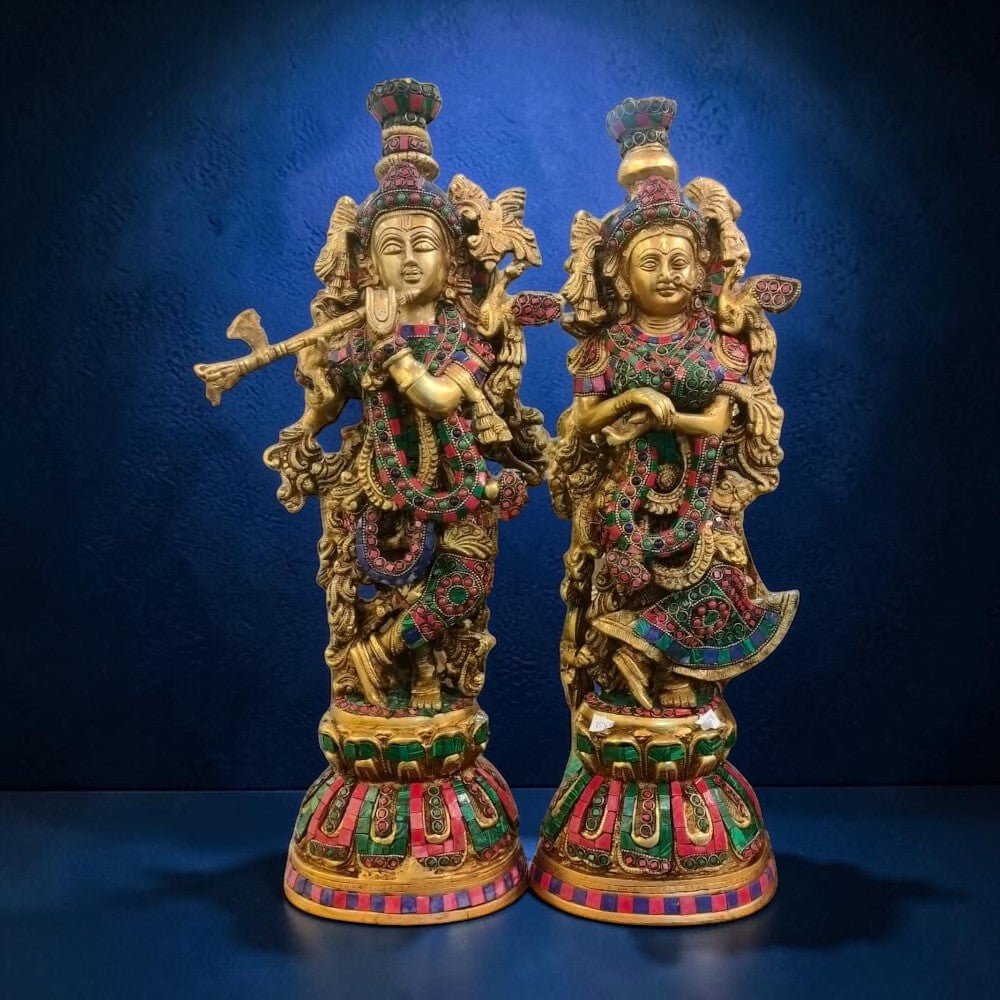 ROYALSTUFFS Brass Big Radha Krishna Idol/Multicolour Stone Work Showpiece/Standing on Flower Base Radhe Krishna Murti/for Home Office Temple/Standard Idol ( 17.8 Kg) - Royalstuffs.com