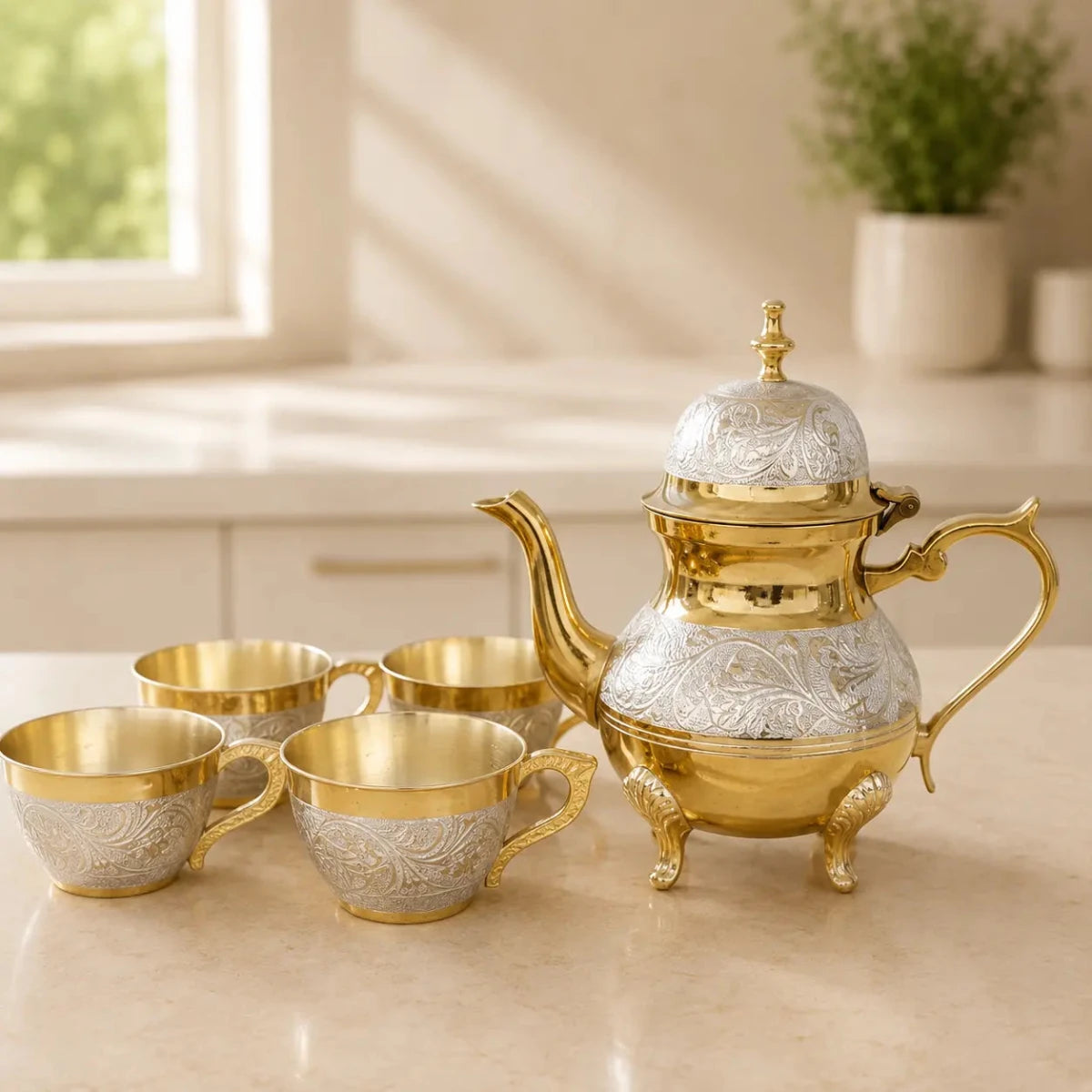 ROYALSTUFFS Brass Gold & Silver Tea Set with Red Velvet Box - Royalstuffs.com