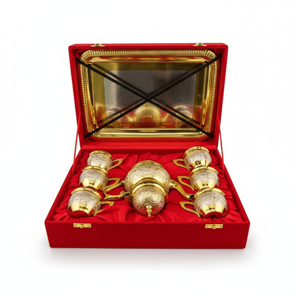 ROYALSTUFFS Brass Gold & Silver Tea Set with Red Velvet Box - Royalstuffs.com