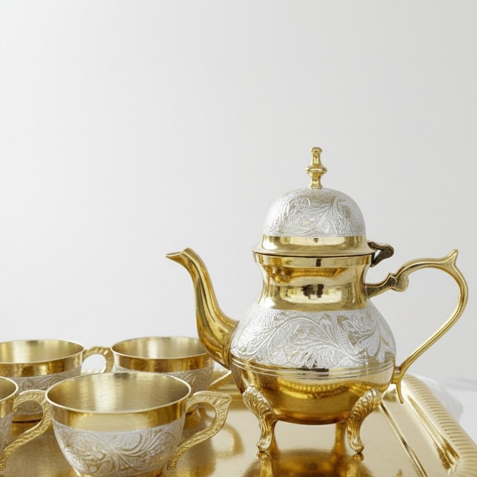 ROYALSTUFFS Brass Gold & Silver Tea Set with Red Velvet Box - Royalstuffs.com