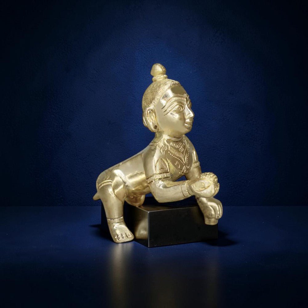 ROYALSTUFFS Brass Laddoo Gopal, Baby Krishna,Idol Statue Sculpture, Brass Laddu Gopal Kishan, Thakurji Murti Idol Statue, Laddu Gopal Idol, Bal Gopal Murti | Weight - 530 Grams - Royalstuffs.com