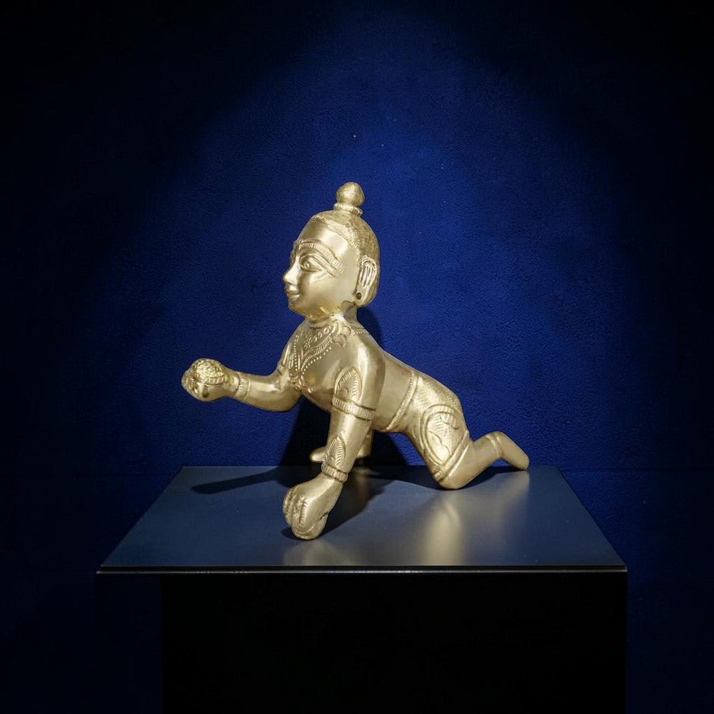 ROYALSTUFFS Brass Laddoo Gopal, Baby Krishna,Idol Statue Sculpture, Brass Laddu Gopal Kishan, Thakurji Murti Idol Statue, Laddu Gopal Idol, Bal Gopal Murti | Weight - 530 Grams - Royalstuffs.com