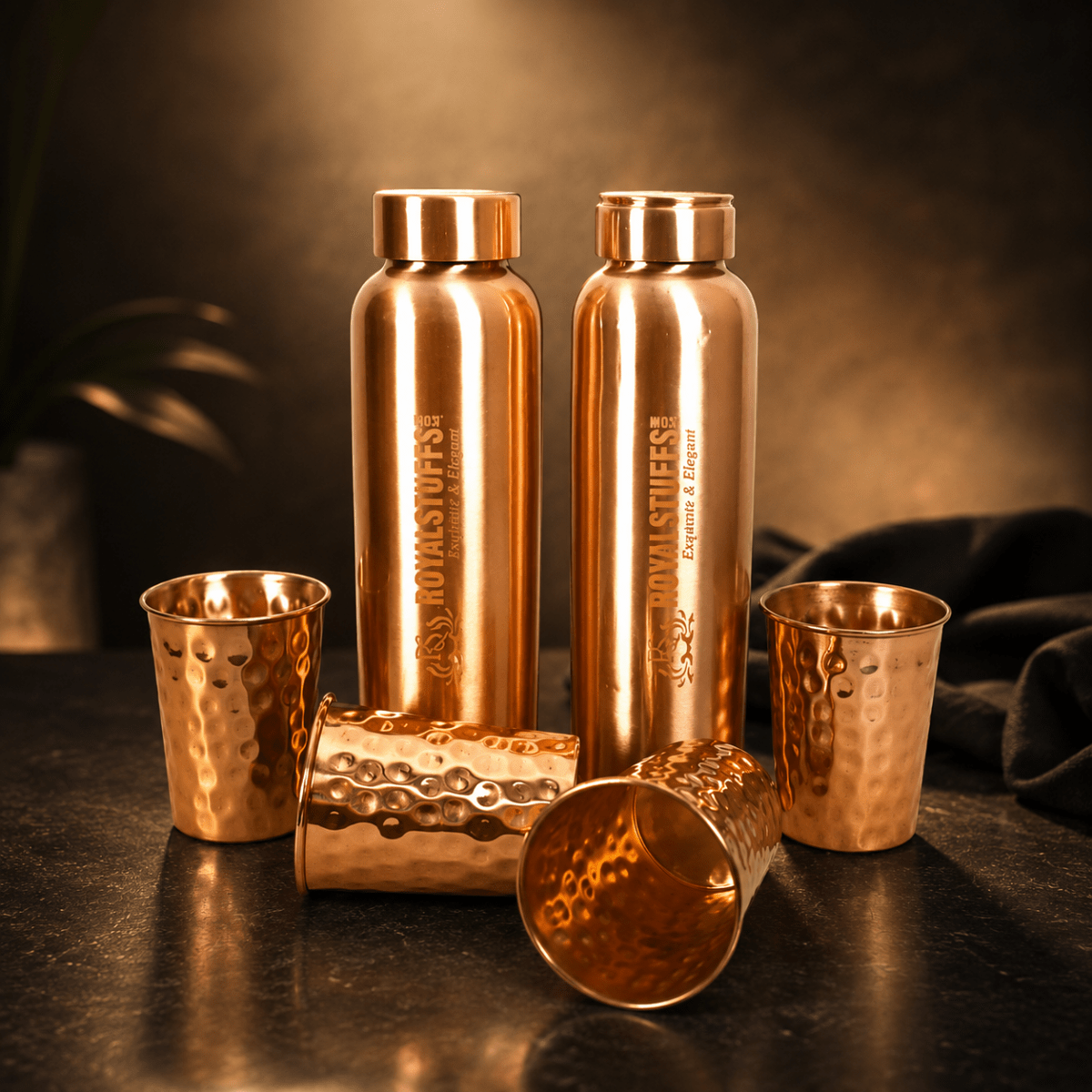 ROYALSTUFFS Copper 2 Water Bottle for Drinking with 4 Copper Glass Ayurvedic 900 ml Premium Quality Handcrafted Hammered Copper Vessel and Glass Set - Royalstuffs.com