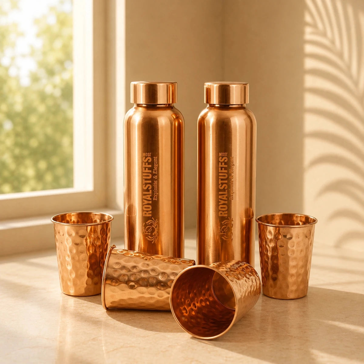 ROYALSTUFFS Copper 2 Water Bottle for Drinking with 4 Copper Glass Ayurvedic 900 ml Premium Quality Handcrafted Hammered Copper Vessel and Glass Set - Royalstuffs.com