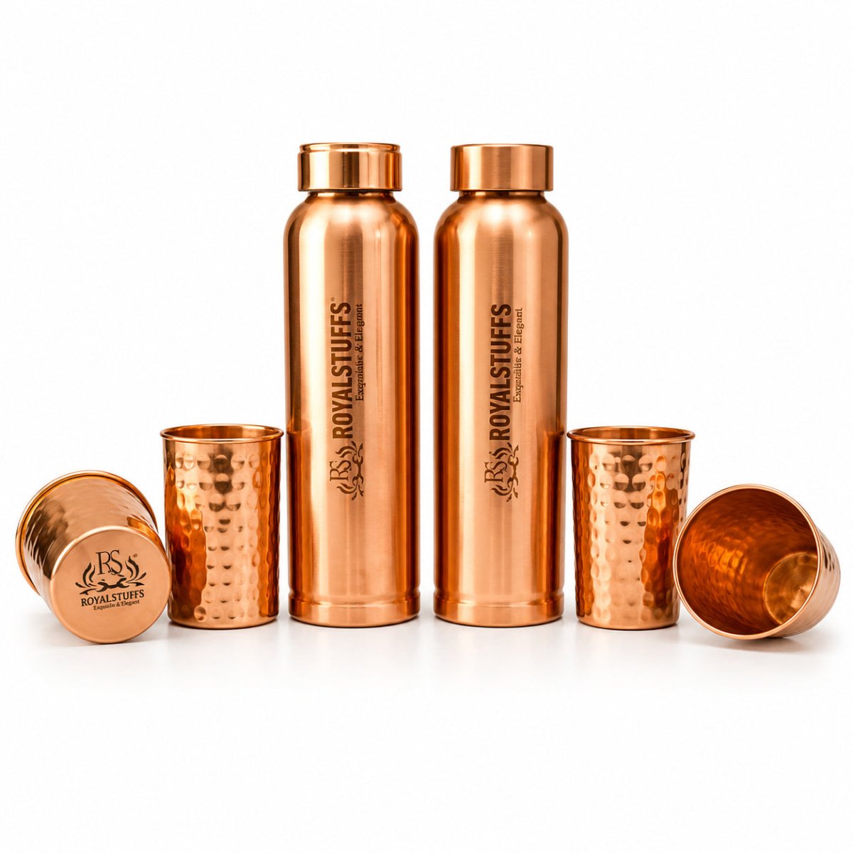 ROYALSTUFFS Copper 2 Water Bottle for Drinking with 4 Copper Glass Ayurvedic 900 ml Premium Quality Handcrafted Hammered Copper Vessel and Glass Set - Royalstuffs.com