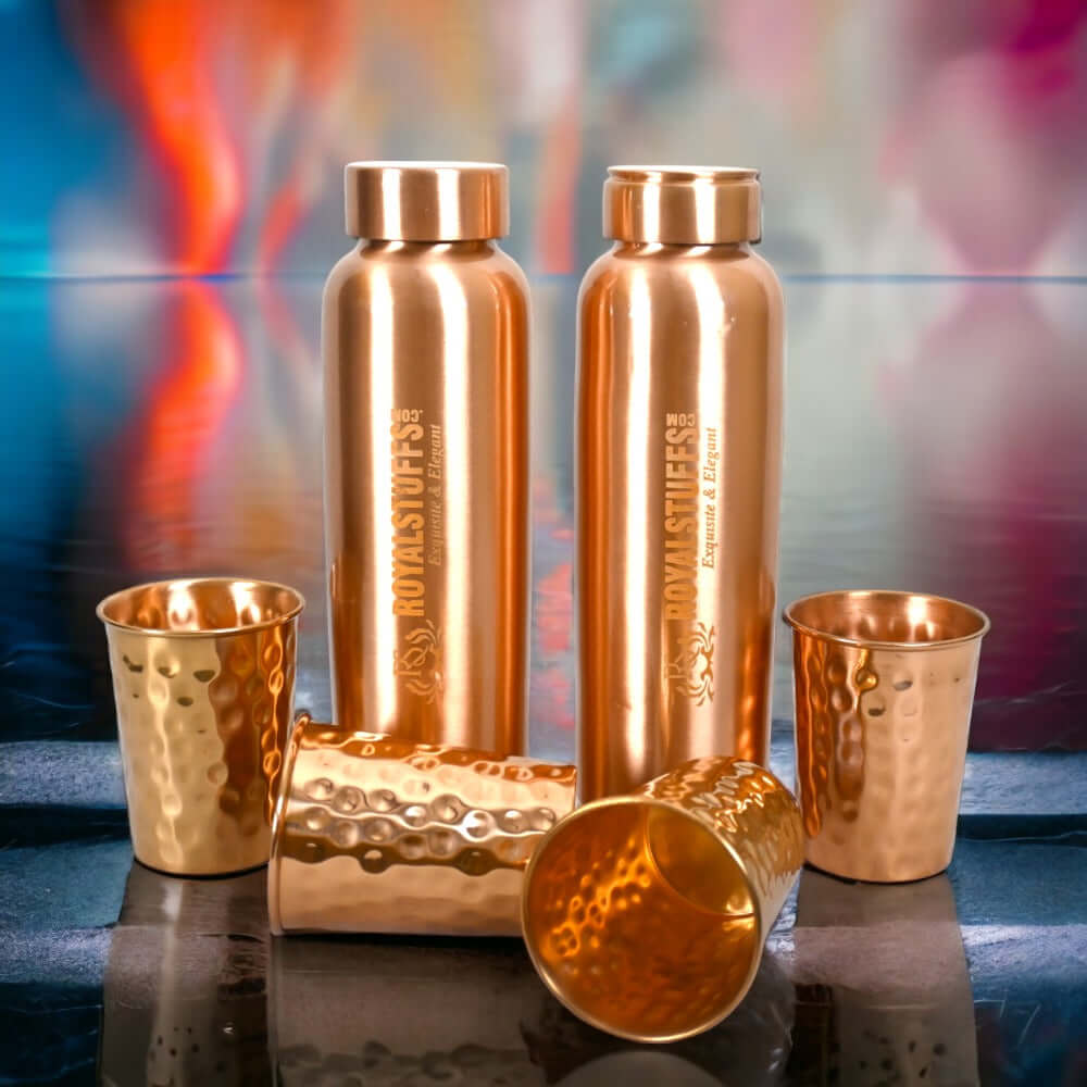 ROYALSTUFFS Copper 2 Water Bottle for Drinking with 4 Copper Glass Ayurvedic 900 ml Premium Quality Handcrafted Hammered Copper Vessel and Glass Set - Royalstuffs.com