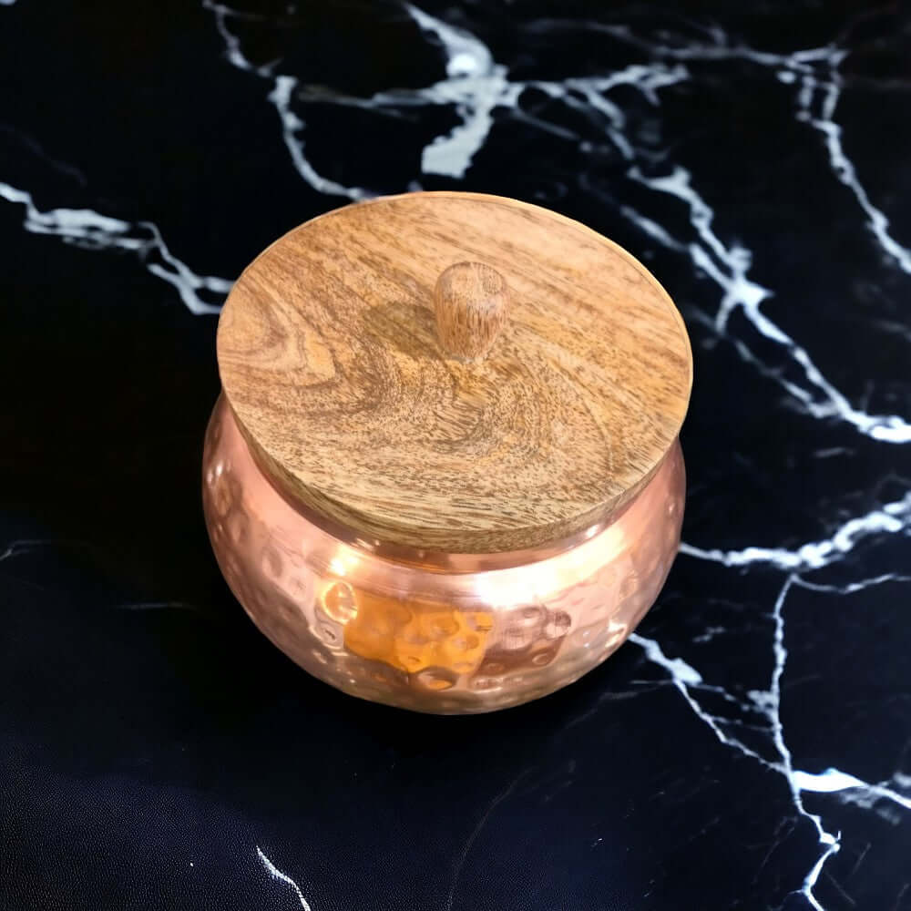 ROYALSTUFFS Copper Finished Hammered Metal Jar Set with wooden lid (Air Tight) 4×4 inches - Royalstuffs.com