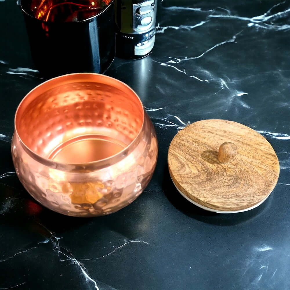 ROYALSTUFFS Copper Finished Hammered Metal Jar Set with wooden lid (Air Tight) 4×4 inches - Royalstuffs.com