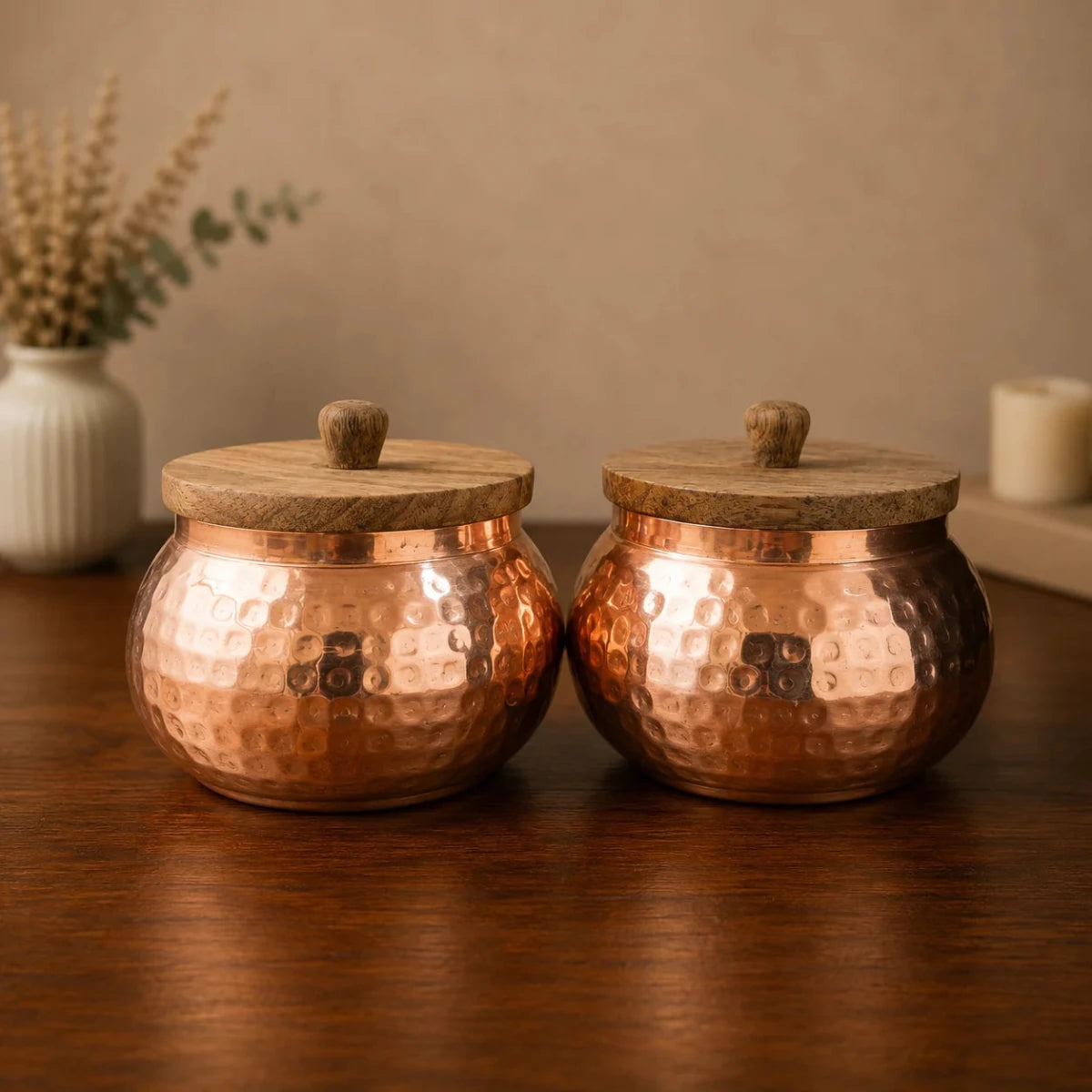 ROYALSTUFFS Copper Finished Hammered Metal Jar Set with wooden lid (Air Tight) 4×4 inches - Royalstuffs.com