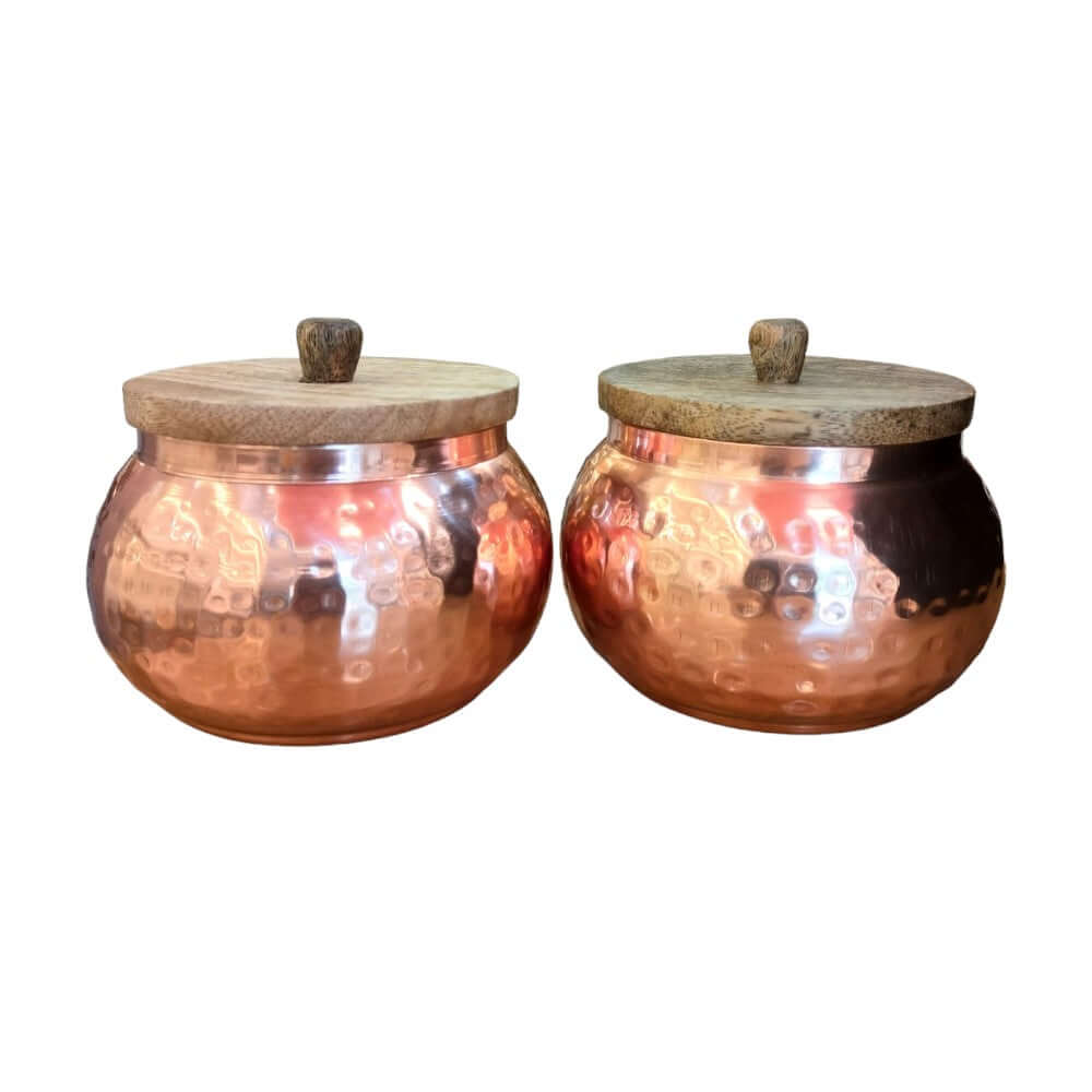ROYALSTUFFS Copper Finished Hammered Metal Jar Set with wooden lid (Air Tight) 4×4 inches - Royalstuffs.com