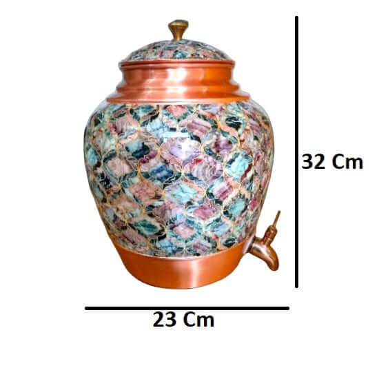 10 Litre Printed Copper Water Dispenser with Meena Work, Brass Tap and Product Dimensions