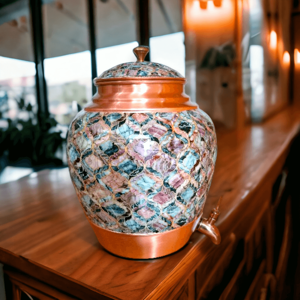 10 Litre Printed Copper Water Dispenser with Meena Work and Brass Tap for Healthy Water Storage and Serving