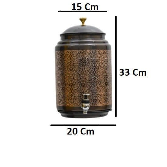 8L Copper Water Dispenser with Glass and Stand Showing Product Dimensions for Home and Office Use
