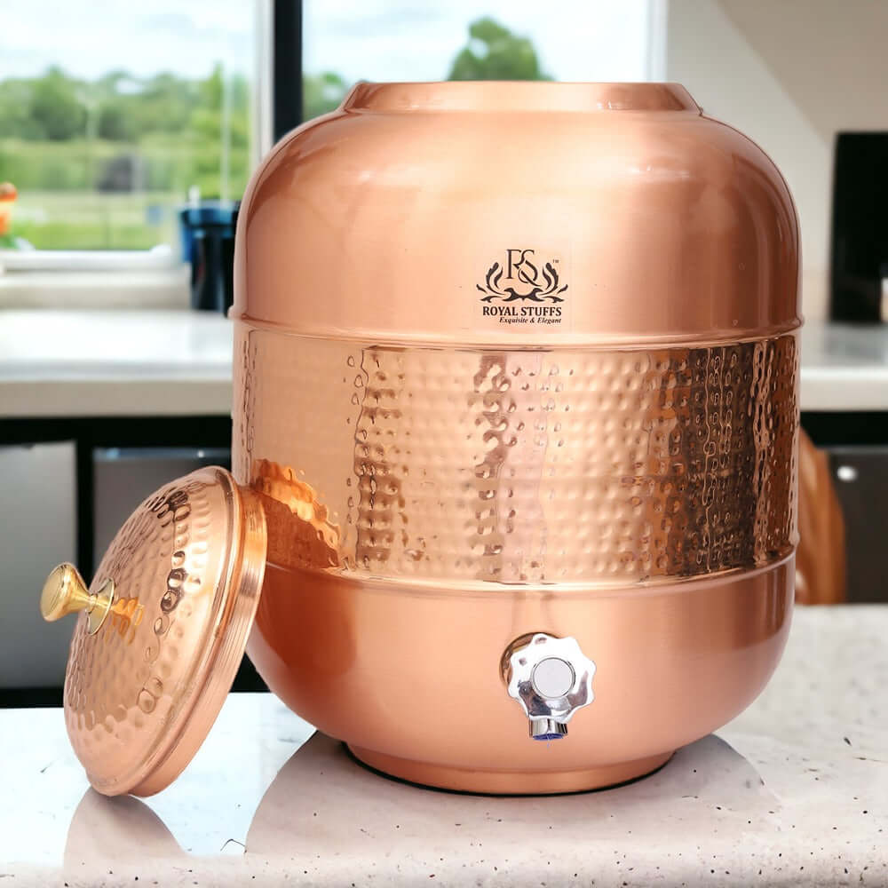 12L Copper Water Dispenser with Hammered Design for Storage & Serving - Royal Copper Drinkware Tank - Royalstuffs.com