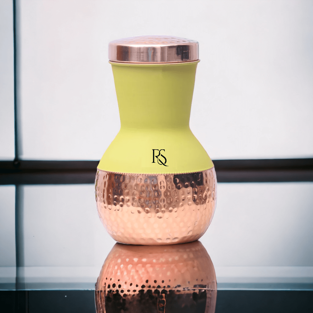 ROYALSTUFFS Copper Yellow Matka Pot with Inbuilt Glass Capacity 1250 ML - Royalstuffs.com