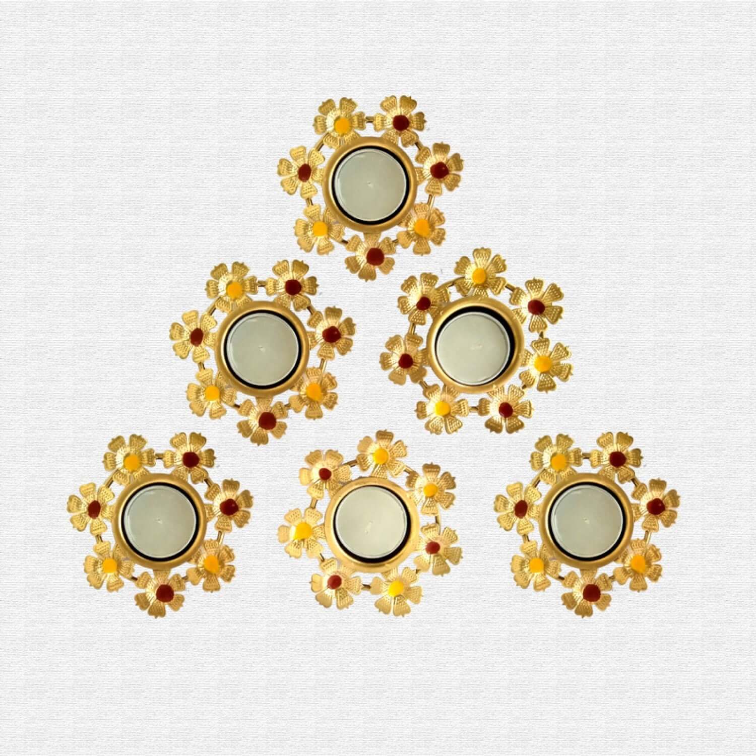 ROYALSTUFFS Decorative Flower Shape Design Metal Table Tea Light Candle Holder for Rangoli Diwali Home Decoration (Set of 6) - Royalstuffs.com