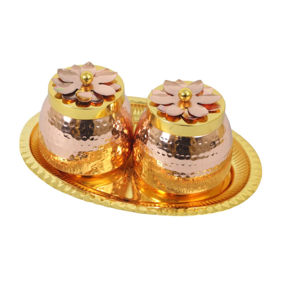 ROYALSTUFFS Double Gold Copper Plated Flower Design Jar/Copper Container with Tray for dry fruits/Decorative Serving Box Set of 3 Size 4 Inch Packed in Golden Box Serveware | Tableware | Gift Item | Home decor - Royalstuffs.com