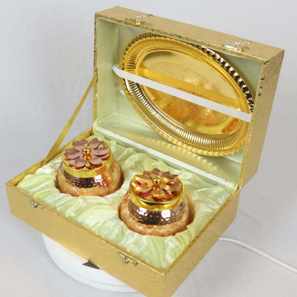 ROYALSTUFFS Double Gold Copper Plated Flower Design Jar/Copper Container with Tray for dry fruits/Decorative Serving Box Set of 3 Size 4 Inch Packed in Golden Box Serveware | Tableware | Gift Item | Home decor - Royalstuffs.com