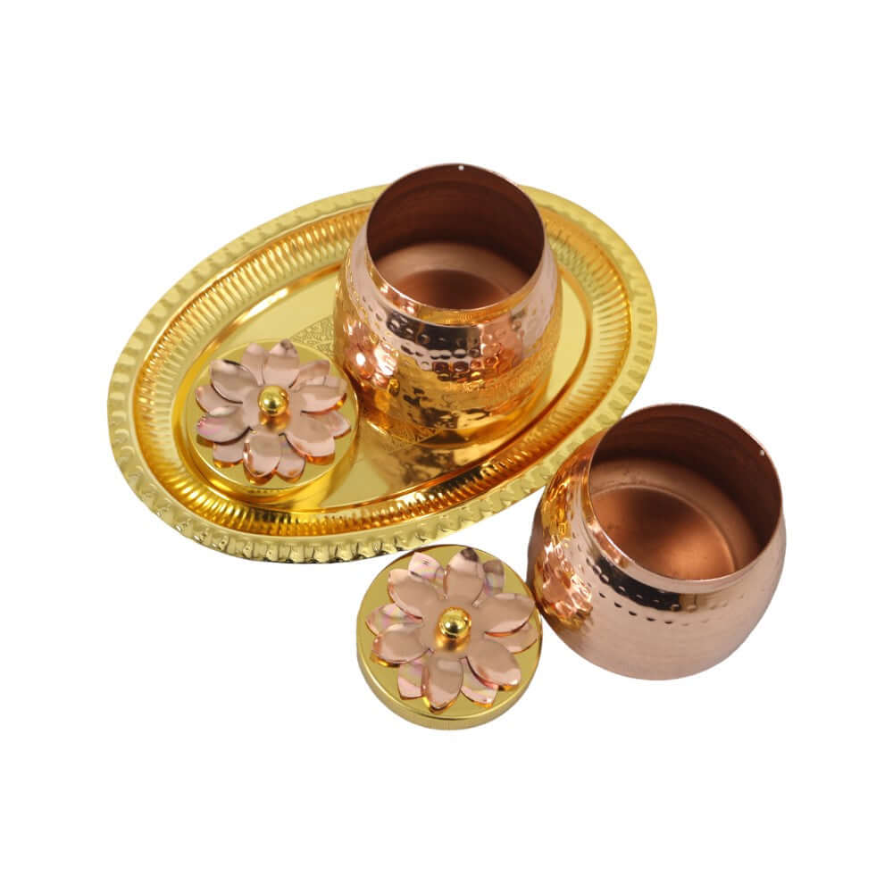 ROYALSTUFFS Double Gold Copper Plated Flower Design Jar/Copper Container with Tray for dry fruits/Decorative Serving Box Set of 3 Size 4 Inch Packed in Golden Box Serveware | Tableware | Gift Item | Home decor - Royalstuffs.com