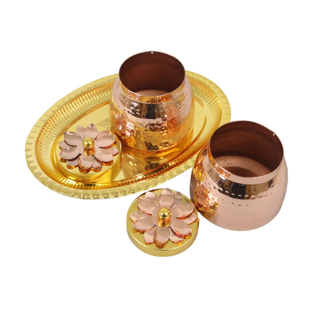 ROYALSTUFFS Double Gold Copper Plated Flower Design Jar/Copper Container with Tray for dry fruits/Decorative Serving Box Set of 3 Size 4 Inch Packed in Golden Box Serveware | Tableware | Gift Item | Home decor - Royalstuffs.com