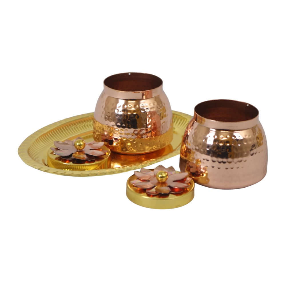 ROYALSTUFFS Double Gold Copper Plated Flower Design Jar/Copper Container with Tray for dry fruits/Decorative Serving Box Set of 3 Size 4 Inch Packed in Golden Box Serveware | Tableware | Gift Item | Home decor - Royalstuffs.com