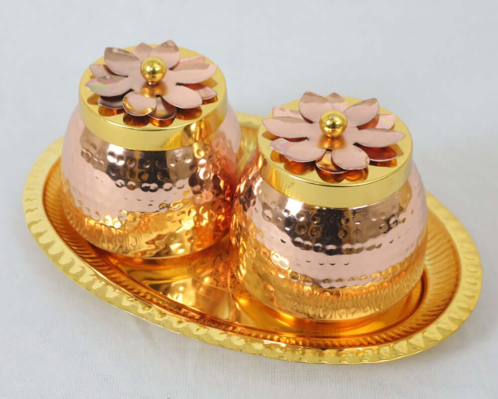 ROYALSTUFFS Double Gold Copper Plated Flower Design Jar/Copper Container with Tray for dry fruits/Decorative Serving Box Set of 3 Size 4 Inch Packed in Golden Box Serveware | Tableware | Gift Item | Home decor - Royalstuffs.com